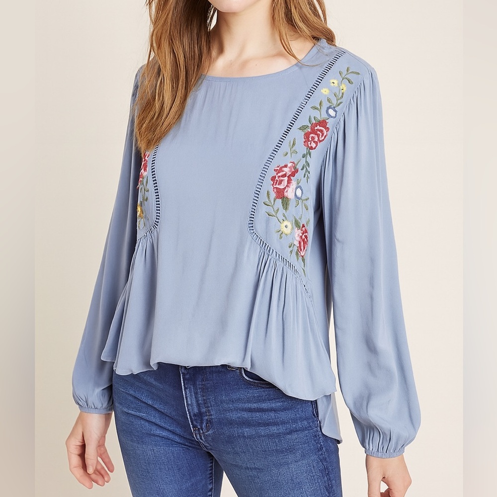 Living Doll Blue Floral Embroidered Peasant Blouse Boho Top NWT Large